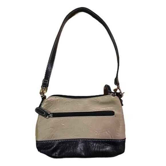 Stone & Co Tumbled Leather Beige & Navy Blue Small Double Zip Shoulder Bag Purse - Picture 3 of 14